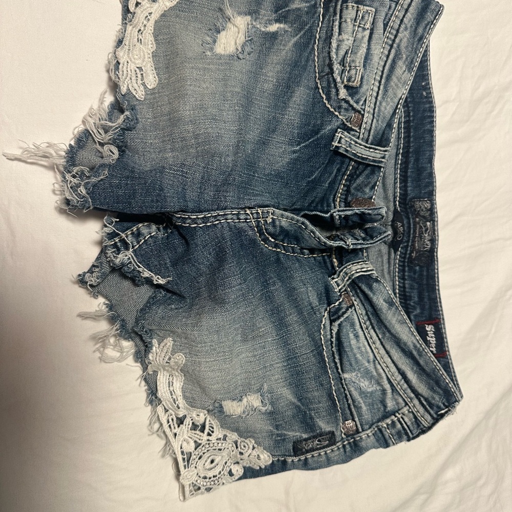 Silver Jeans Blue Denim Shorts with White Lace
